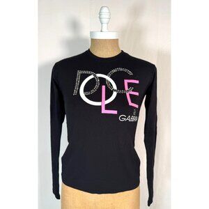 VTG 90s Dolce and Gabbana Black Stretch Sweater Shirt Logo Print Blouse Sz M